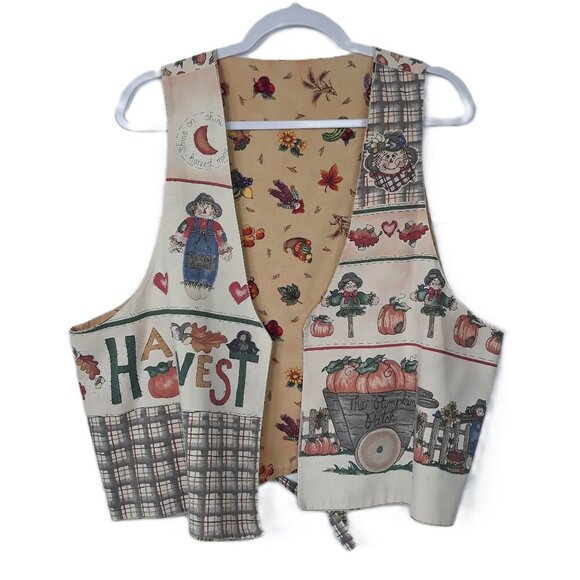 Vtg 90s Fall Scarecrow Pumpkin Reversible Vest L Pumpkin Harvest Thanksgivings - Picture 1 of 8